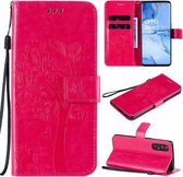 Voor Oppo Reno3 Pro 5G / Find X2 Neo Tree & Cat Reliëfpatroon Horizontale Flip lederen tas met houder & kaartsleuven & portemonnee & lanyard (Rose Red)