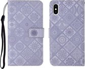 Etnische stijl reliëf patroon horizontale flip lederen tas met houder & kaartsleuven & portemonnee & lanyard voor iPhone XS Max (paars)