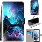 Voor Samsung Galaxy S21 FE Gekleurde Tekening Cross Textuur Horizontale Flip PU Lederen Case met Houder & Kaartsleuven & Portemonnee & Lanyard (Kleurrijke Wolken)