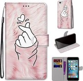 Gekleurde tekening Cross Texture Horizontale Flip PU lederen tas met houder & kaartsleuven & portemonnee & lanyard voor iPhone 6 / 6s (roze handen hart)