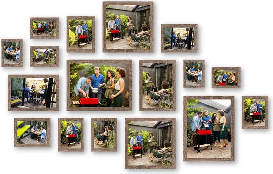 HAES DECO - Collage set met 17 houten fotolijsten Paris bruin voor foto's formaat 10x15, 13x18, 15x20, 20x30, 30x30 en 30x40 - SP001905-17