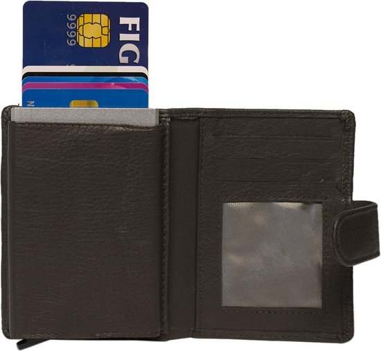Pasjeshouder Uitschuifbaar – Donkerbruin - Leer - Creditcard Houder - RFID – Anti Skim - Muntgeld Ritsvak - Pasjeshouder