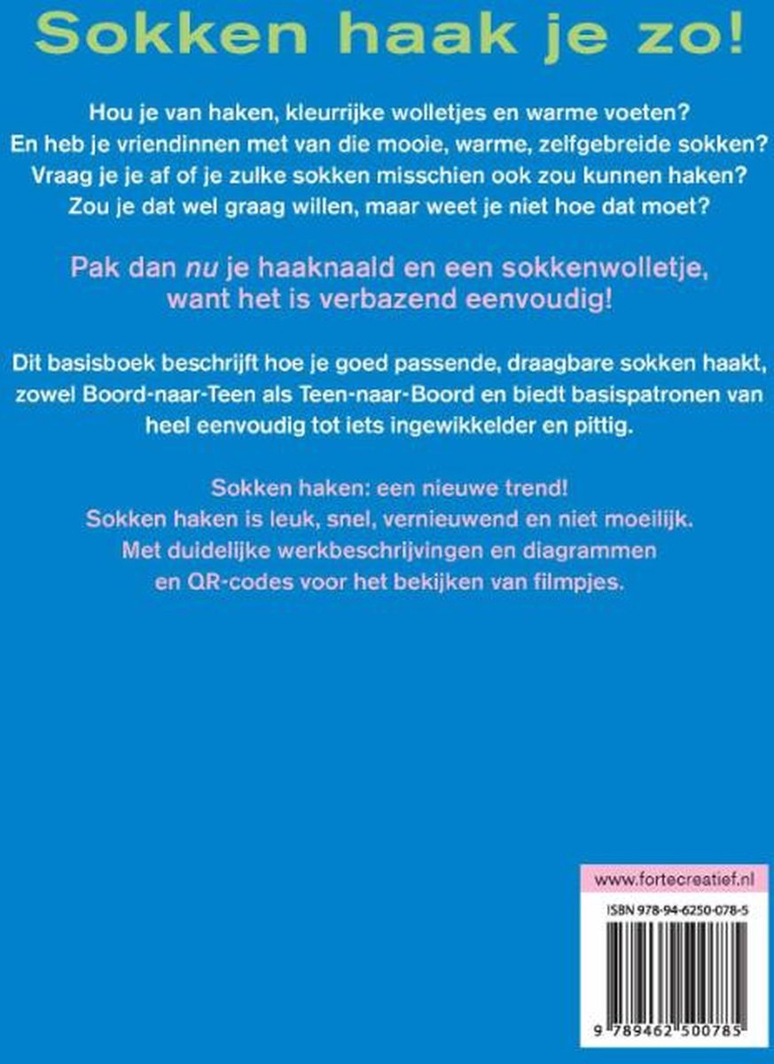 Boek "Sokken haak je zo!" met tekst en ISBN.
