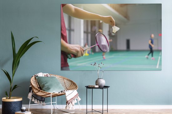 Canvas schilderij 150x100 cm - Wanddecoratie Een man staat op het punt om te badmintonnen - Muurdecoratie woonkamer - Slaapkamer decoratie - Kamer accessoires - Schilderijen op canvas