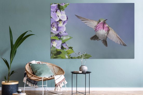 Un colibri calliope aux fleurs violettes Toile 180x120 cm - Tirage photo sur Toile (Décoration murale salon / chambre) XXL / Groot format!