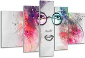 Glasschilderij Vrouw - Grijs, Roze - 170x100cm 5Luik - Foto Op Glas - Geen Acrylglas Schilderij - 6000+ Glasschilderijen Collectie - Wanddecoratie