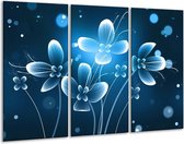 GroepArt - Schilderij -  Bloem - Blauw, Wit - 120x80cm 3Luik - 6000+ Schilderijen 0p Canvas Art Collectie