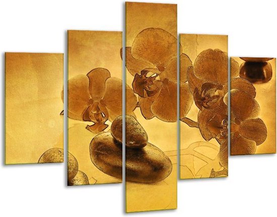 Glasschilderij -  Orchidee - Bruin - 100x70cm 5Luik - Geen Acrylglas Schilderij - GroepArt 6000+ Glasschilderijen Collectie - Wanddecoratie- Foto Op Glas