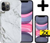 Hoesje Geschikt voor iPhone 11 Pro Hoesje Marmer Case Hard Cover Met 2x Screenprotector - Hoes Geschikt voor iPhone 11 Pro Case Marmer Hoesje Backcover - Wit