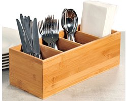 Kesper Bestekbak/keuken spullen/kruiden organizer - 4-vakken - bamboe hout - 36 x 12 x 14 cm