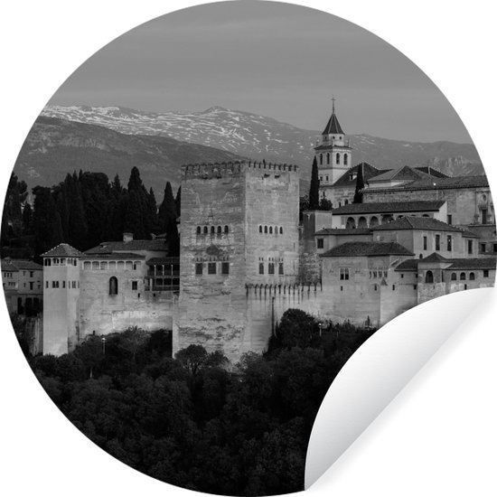WallCircle - Muurstickers - Behangcirkel - Zwart-wit beeld verlichte muren van het Alhambra in Spanje - 50x50 cm - Muurcirkel - Zelfklevend - Ronde Behangsticker - Merkloos