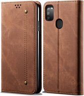 Voor Galaxy M30s denim textuur casual stijl horizontale flip lederen tas met houder en kaartsleuven en portemonnee (bruin)