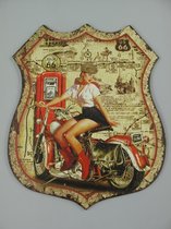 Metalen wandbord - Route 66 Dame op motorfiets - Vintage wanddecoratie - 50 cm hoog