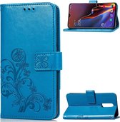 Lucky Clover geperste bloemen patroon lederen tas voor OnePlus 6T, met houder & kaartsleuven & portemonnee & draagriem (blauw)