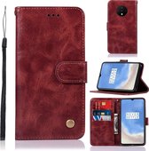 Voor OnePlus 7T Retro koperen knop Crazy Horse Horizontale flip PU lederen tas met houder & kaartsleuven & portemonnee en lanyard (wijnrood)