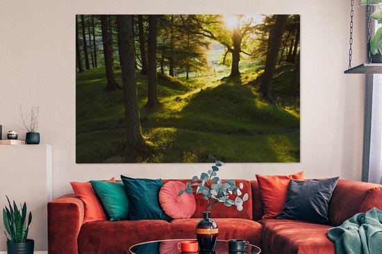 Soleil brisant à travers les forêts du parc national de Peak District Toile 180x120 cm - Tirage photo sur toile (Décoration murale salon / chambre) XXL / Groot format!