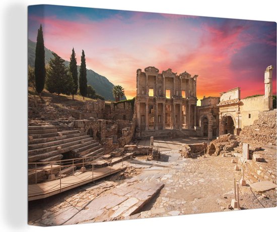 Zonsopkomst achter de bibliotheek van Celsus in Turkije Canvas 180x120 cm - Foto print op Canvas schilderij (Wanddecoratie woonkamer / slaapkamer) XXL / Groot formaat!