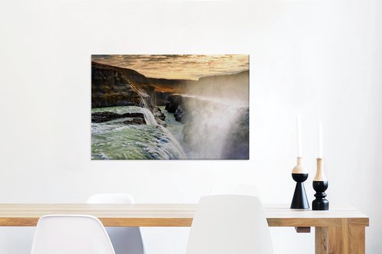 Coucher de soleil à la cascade de Gullfoss en Islande Toile 90x60 cm - Tirage photo sur toile (Décoration murale salon / chambre)