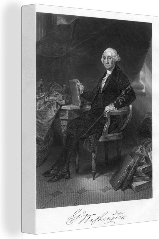 Canvas schilderij 120x160 cm - Wanddecoratie Een illustratie van George Washington in een stoel - Muurdecoratie woonkamer - Slaapkamer decoratie - Kamer accessoires - Schilderijen