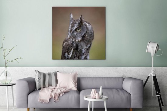Gros plan d'un petit hibou sur toile 160x120 cm - Tirage photo sur toile (Décoration murale salon / chambre) XXL / Groot format!