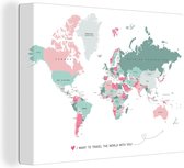 Canvas Wereldkaart - 120x90 - Wanddecoratie Wereldkaart - Liefde - Roze