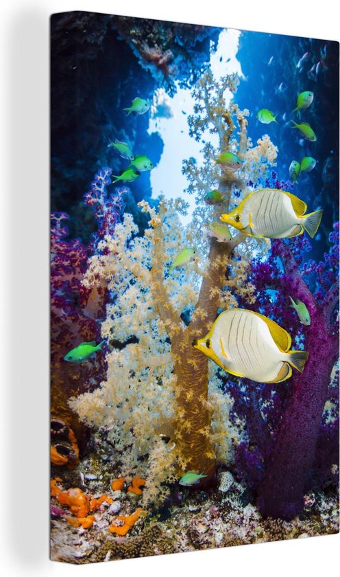 Canvas Schilderij Kleurrijk koraal in een oceaan met vissen - 20x30 cm - Wanddecoratie