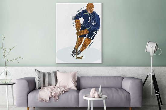 Un joueur de hockey sur glace avec un costume bleu dans une toile d'illustration 120x160 cm - Tirage photo sur Toile (Décoration murale salon / chambre) XXL / Groot format!