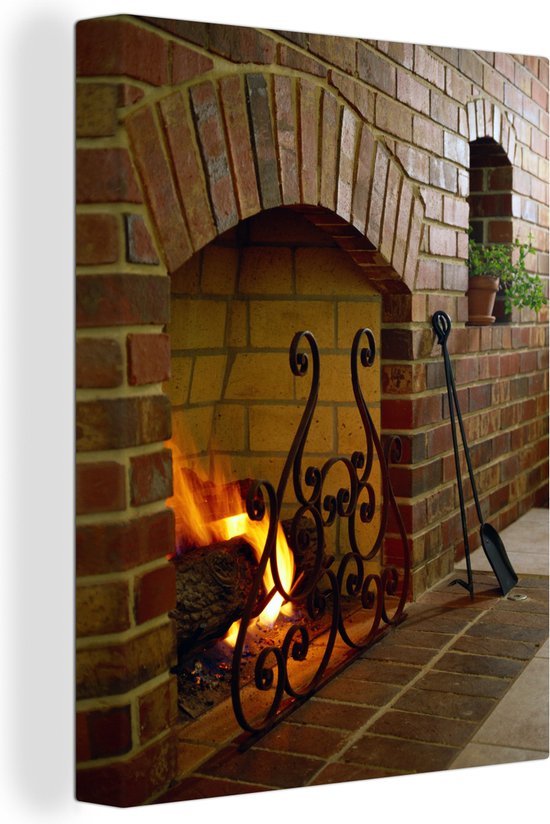 Feu dans une cheminée 120x160 cm - Tirage photo sur toile (Décoration murale salon / chambre) XXL / Grand format!