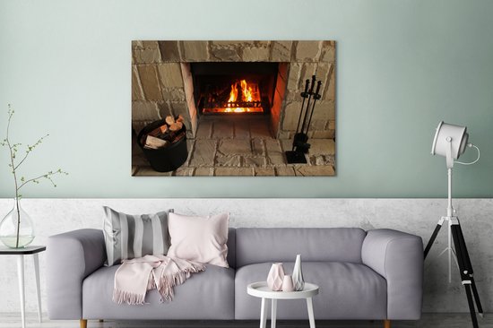 Cheminée dans un mur de pierre 180x120 cm - Tirage photo sur toile (Décoration murale salon / chambre) XXL / Groot format!