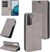 Voor Samsung Galaxy S21 retro-skin zakelijke magnetische zuignap lederen tas met houder & kaartsleuven en portemonnee (grijs)