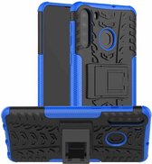 Voor Samsung Galaxy A21 Bandentextuur Schokbestendig TPU + PC beschermhoes met houder (blauw)