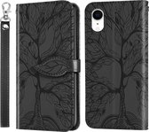 Life of Tree Embossing Pattern Horizontale flip lederen tas met houder & kaartsleuf & portemonnee & fotolijst & lanyard voor iPhone XR (zwart)