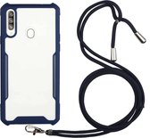 Voor Samsung Galaxy A20s acryl + kleur TPU schokbestendig hoesje met nekkoord (donkerblauw)