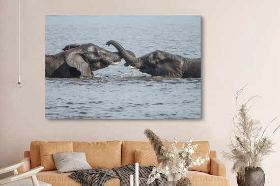 Deux éléphants lavés dans la rivière sur toile 2cm 180x120 cm - Tirage photo sur toile (Décoration murale salon / chambre) / Animaux sauvages Peintures sur toile XXL / Groot format!