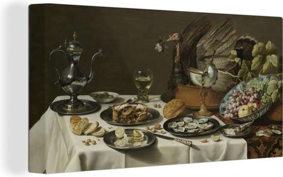 Nature morte avec tarte à la dinde - Peinture de Pieter Claesz 160x80 cm - Tirage photo sur toile (Décoration murale salon / chambre)