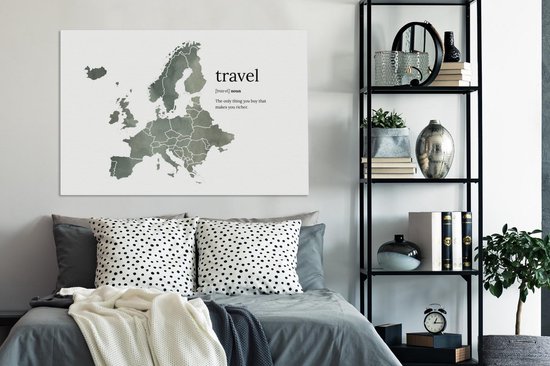 Carte de l'Europe en aquarelle grise avec le mot travel et description du dictionnaire inventé 120x80 cm - Tirage photo sur toile (Décoration murale salon / chambre)