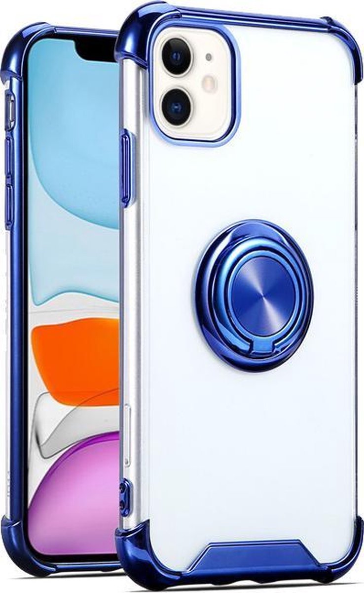 Hoesje Geschikt voor iPhone 11 silicone - shock proof met Ringhouder – Transparant / Blauw