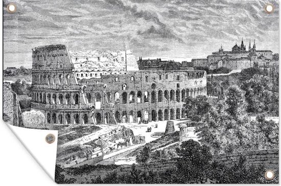 Foto: Tuinposter tuindoek tuinposters buiten illustratie van het colosseum in zwart wit 120x80 cm tuin