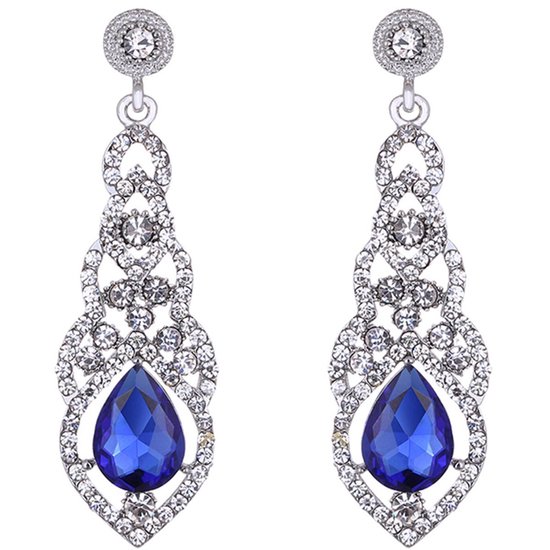 Victorious Dames Oorbellen – Zirkonia Kristal Druppel Oorhangers – Blauw/Zilver – 6cm