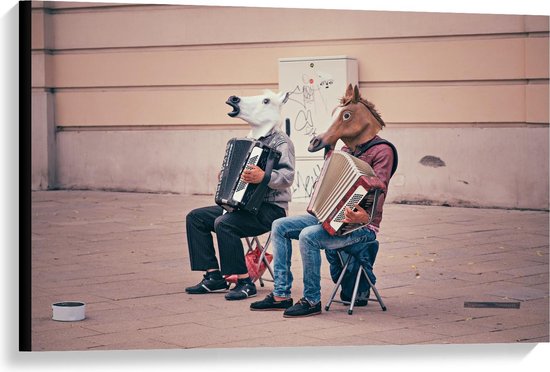 Canvas  - Paarden Spelend op Accordeon  - 90x60cm Foto op Canvas Schilderij (Wanddecoratie op Canvas)