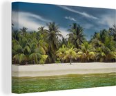 Canvas schilderij 140x90 cm - Wanddecoratie Een zandstrand vol met palmbomen op Baai-eilanden in Noord-Amerika - Muurdecoratie woonkamer - Slaapkamer decoratie - Kamer accessoires - Schilderijen