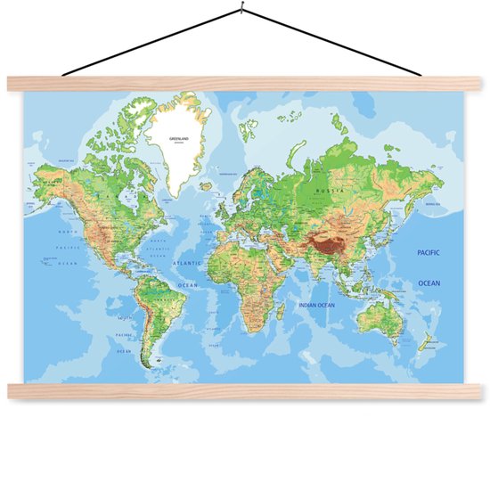 Wereldkaart sur plaque d'école décoration murale grandes lattes plates 150x90 cm - Affiche textile