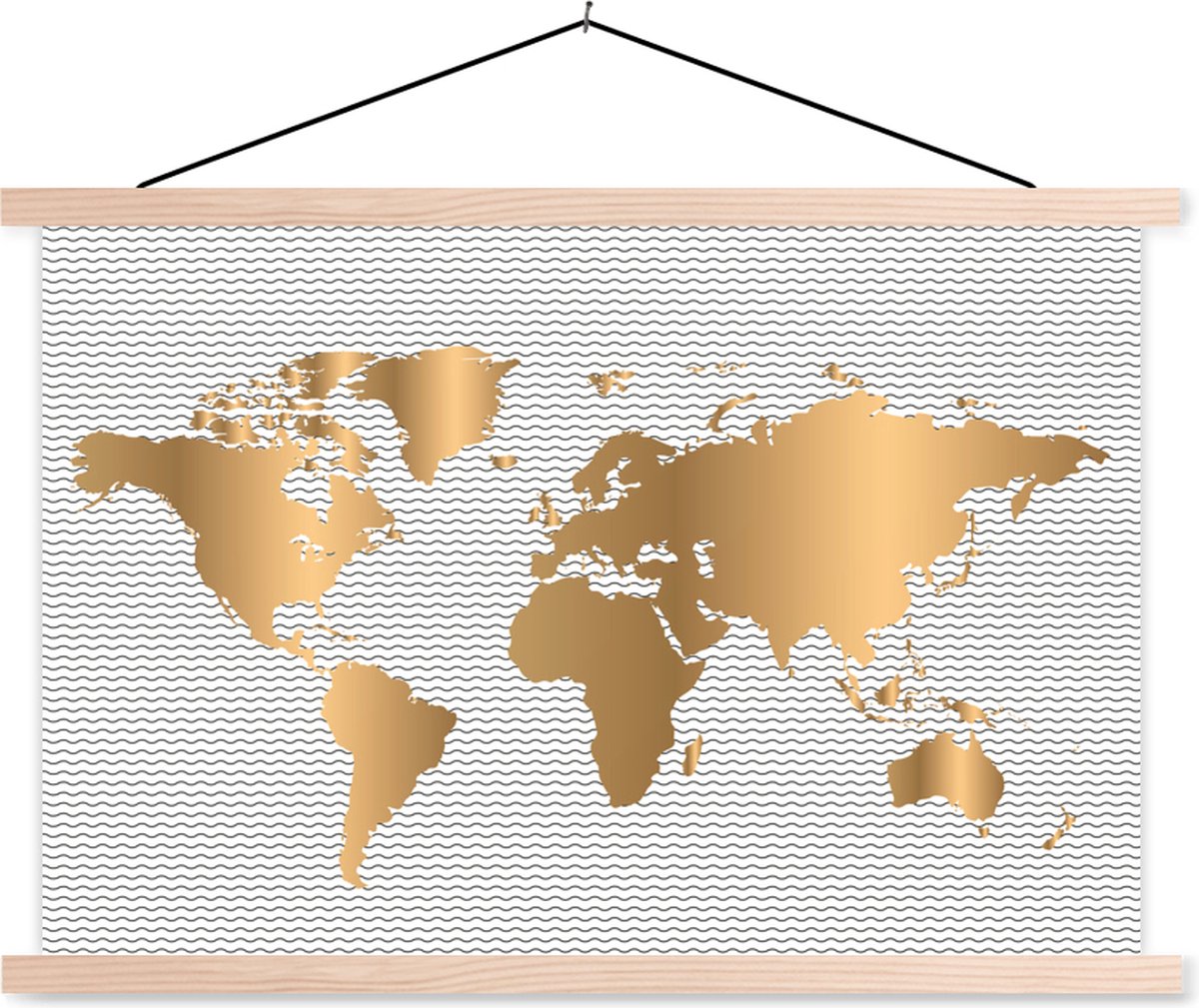 Wereldkaart Goud Golven schoolplaat platte latten blank 120x80 cm - Foto print op textielposter (wanddecoratie woonkamer/slaapkamer)
