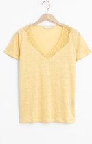 Sissy-Boy - Geel linnen T-shirt met kanten v-hals