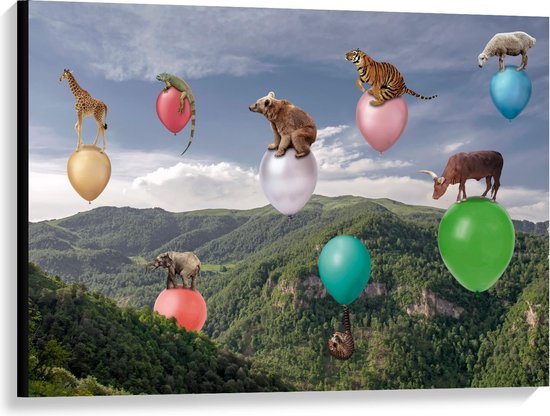 Canvas  - Wilde Dieren op Ballonnen boven Landschap - 100x75cm Foto op Canvas Schilderij (Wanddecoratie op Canvas)