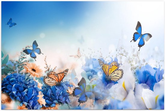 Poster – Sprookjesachtige Blauwe Vlinders - 90x60cm Foto op Posterpapier
