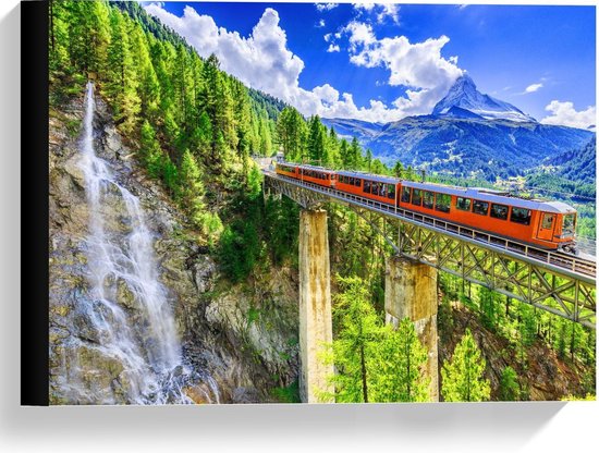 Canvas  - Trein in Bergen - 40x30cm Foto op Canvas Schilderij (Wanddecoratie op Canvas)