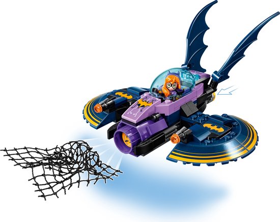 Paarse en donkerblauwe Batgirl batjet met vleermuisvleugels, met een net dat wordt afgeschoten.