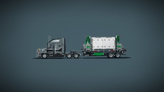 Zijaanzicht van de LEGO Technic Mack Anthem speelgoed vrachtwagen met container aanhanger.