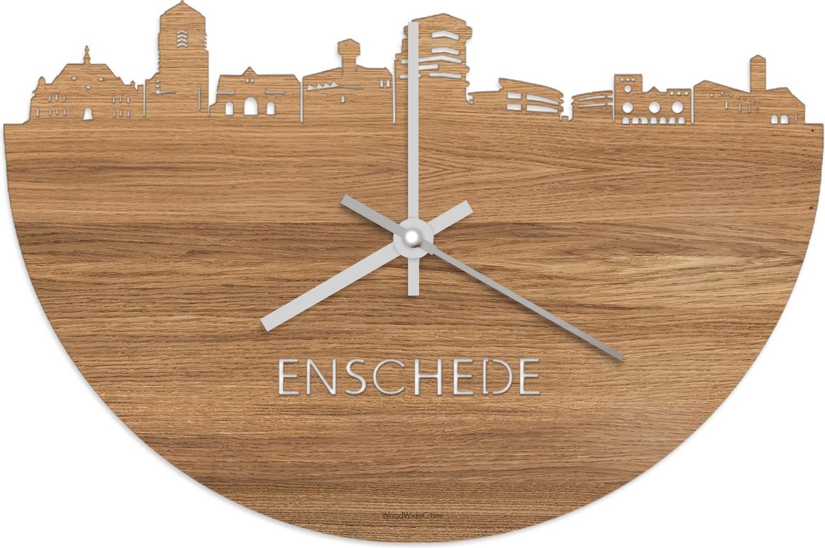 Skyline Klok Enschede Eikenhout - Ø 40 cm - Stil uurwerk - Wanddecoratie - Meer steden beschikbaar - Woonkamer idee - Woondecoratie - City Art - Steden kunst - Cadeau voor hem - Cadeau voor haar - Jubileum - Trouwerij - Housewarming - WoodWideCities